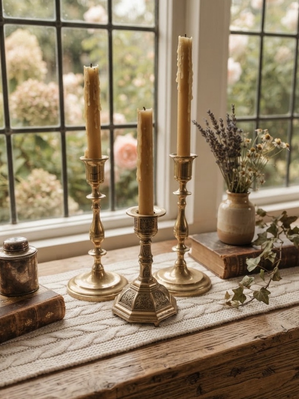 Vintage Brass Taper Candlestick Holders Trio 6” & 4” Ornate Hexagonal - Set of 3
